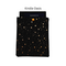 A pouch with a snap closure to protect Kindle e-readers made with black with gold metallic stars fabric.